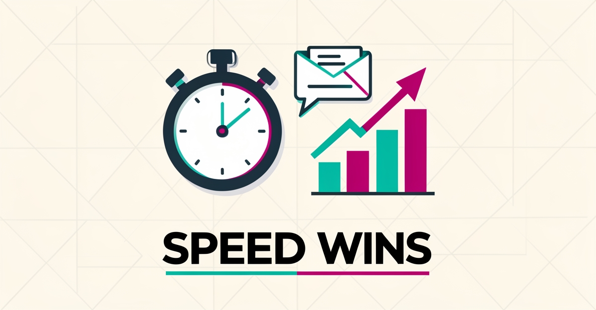 Flat illustration of a stopwatch and rising conversion graph with the headline Speed Wins, symbolizing rapid AI lead follow-up.